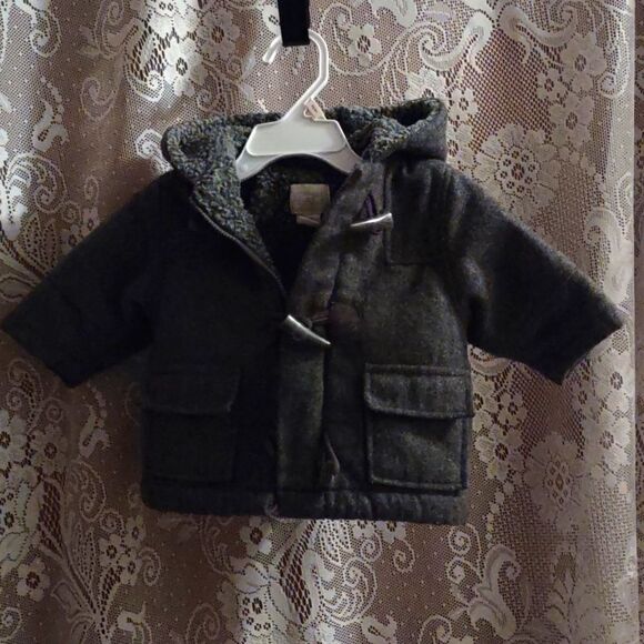 Children's Place Gray wool baby 0-3 mo hooded jacket‎ zip button pockets - Picture 1 of 12